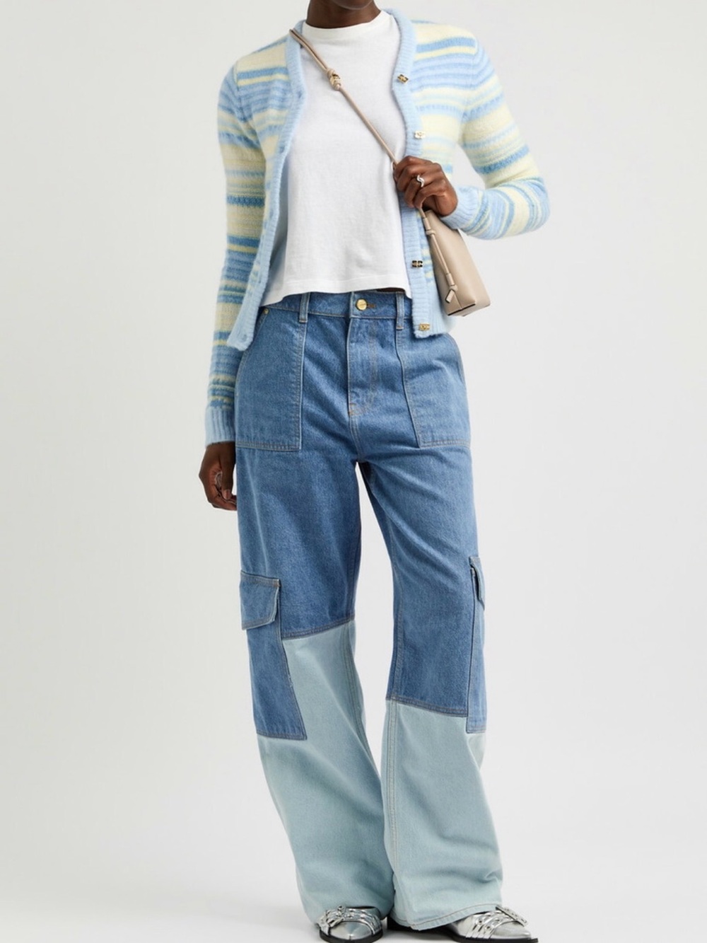 Ganni Pastel Blue & Cream Striped Mohair-Blend Button Cardigan
